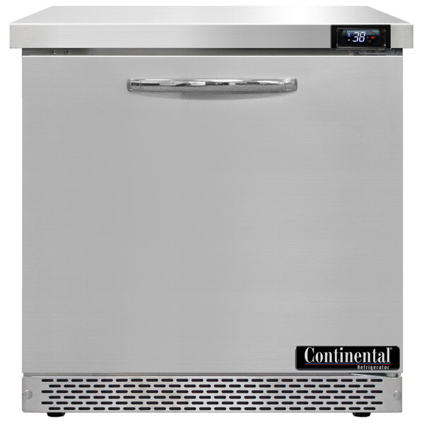 A silver Continental Refrigerator undercounter refrigerator with a temperature display on a white surface.