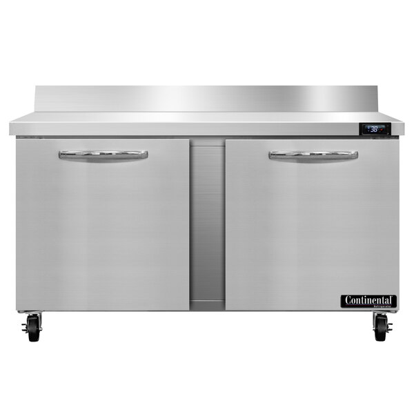 A Continental Refrigerator worktop refrigerator with a stainless steel cabinet and two doors.
