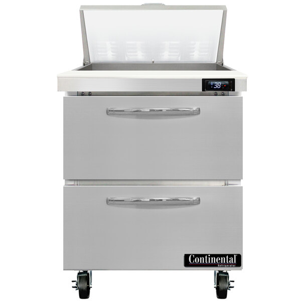 A Continental Refrigerator refrigerated sandwich prep table with two drawers open.