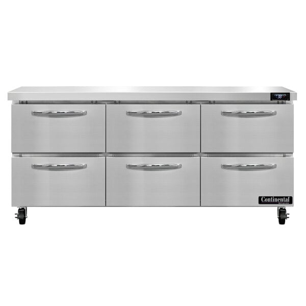 A stainless steel Continental Refrigerator undercounter refrigerator with six drawers.