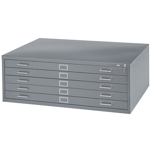 A grey Safco steel flat file cabinet with five drawers.