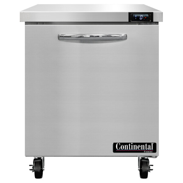 A Continental Refrigerator undercounter freezer with stainless steel doors and wheels.