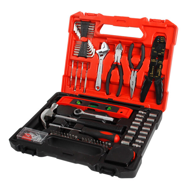A white tool box with Olympia Tools 67-piece tool set in it.