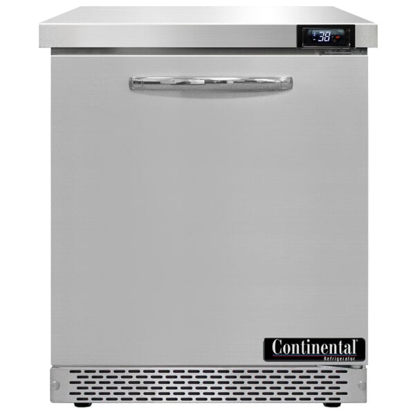A silver stainless steel Continental undercounter refrigerator with temperature display.