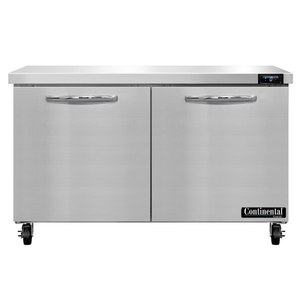 A stainless steel Continental undercounter freezer with two doors.