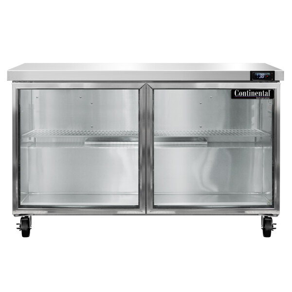 A Continental Refrigerator stainless steel undercounter refrigerator with glass doors.