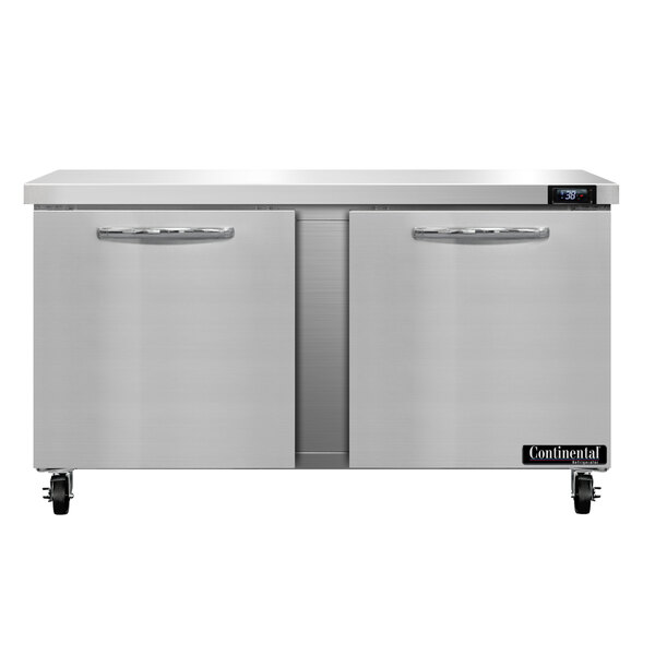 A stainless steel Continental Refrigerator undercounter refrigerator with two doors.