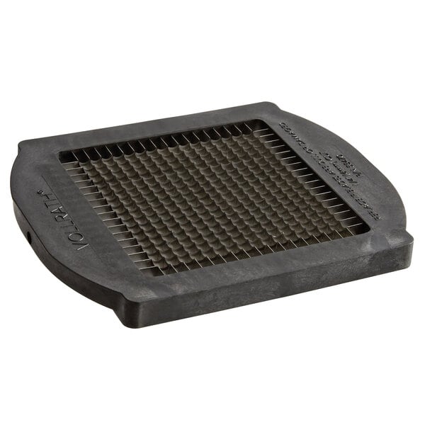A black square object with a metal grid with small holes.