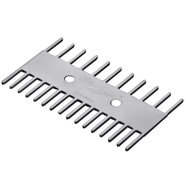 A grey metal comb with holes.