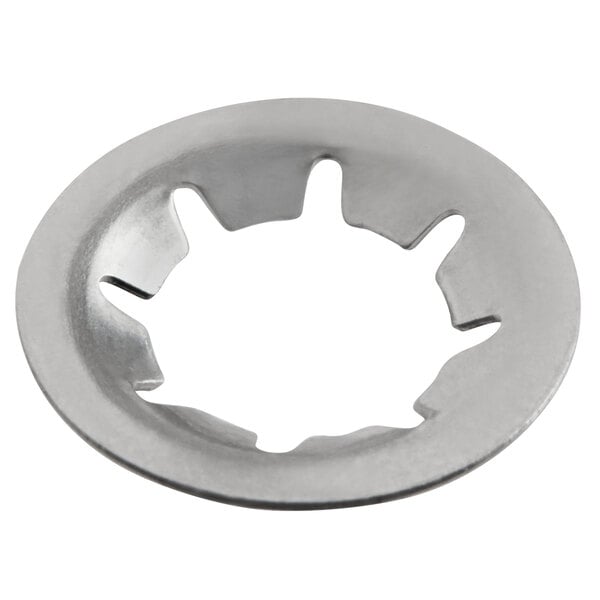 A silver circular T-handle retaining washer with a hole in the center.