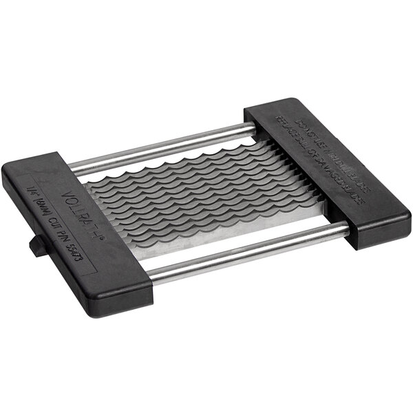 A black and silver metal Vollrath slicing blade assembly for fruit and vegetable slicer.