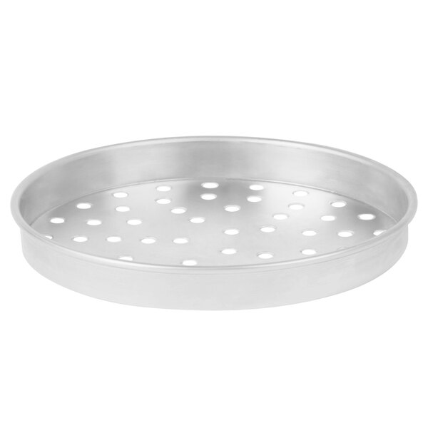 An American Metalcraft round silver metal pan with holes.
