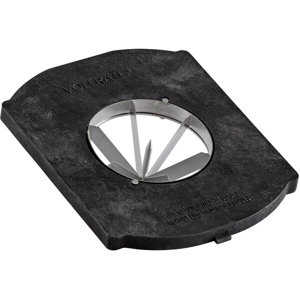 A black square Vollrath blade assembly with a circular cutout for six blades.