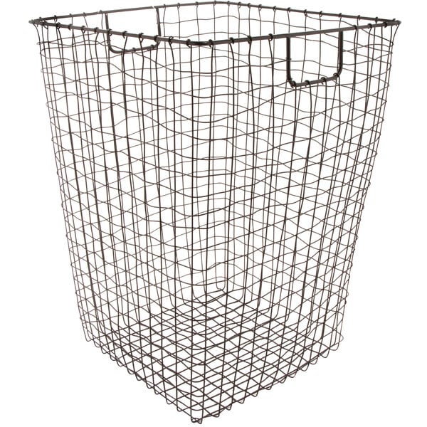 A metal gray square wire basket with a handle.