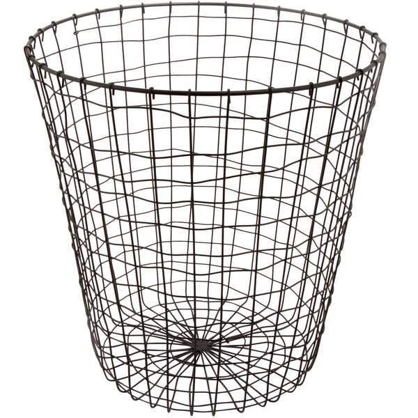 A round metal gray wire storage basket with a handle.