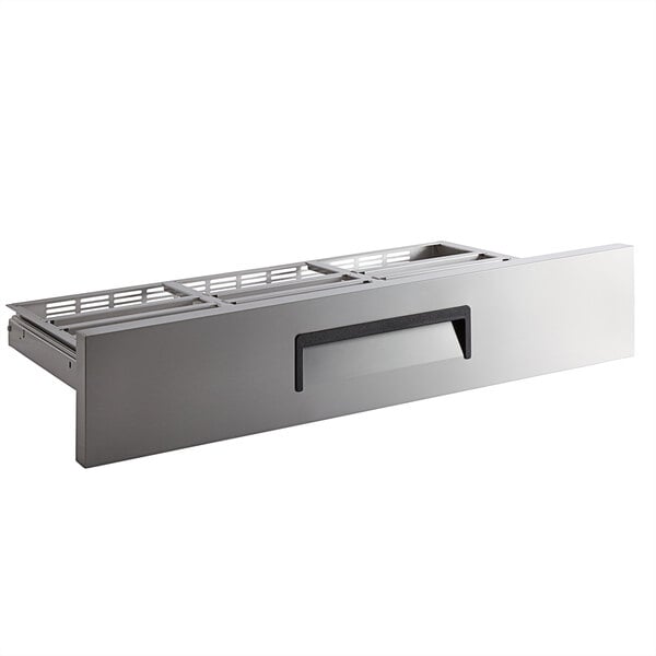 An Avantco stainless steel rectangular drawer with a black handle.