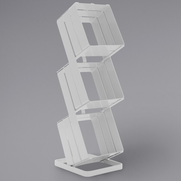 A white plastic GET Curator display stand with three shelves.