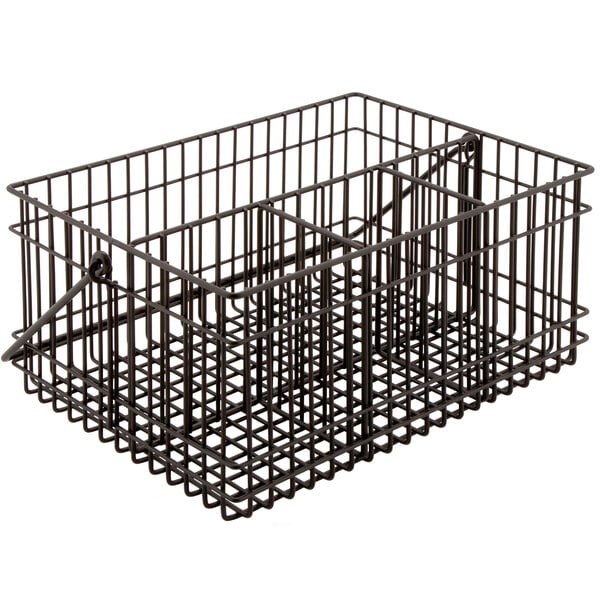 A metal gray wire basket with two compartments and a handle.
