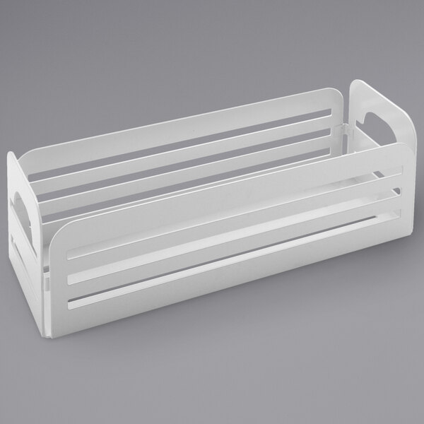 A white plastic rectangular shelf with four rows of vertical lines.