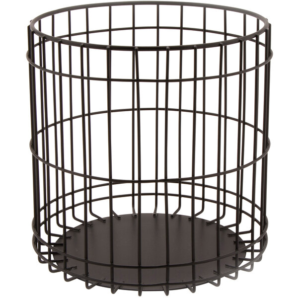 A black wire basket with a round metal bottom.
