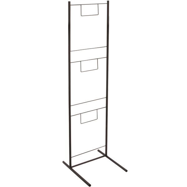 A black metal floor display stand with three shelves.