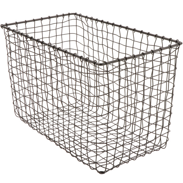 A rectangular metal gray wire basket with a handle.