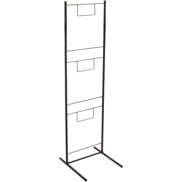 A metal floor display stand with three shelves for hanging baskets.