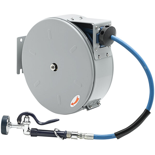 A grey T&amp;S steel hose reel with a blue hose attached.