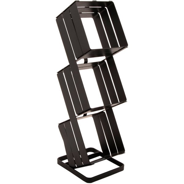 A metal gray 3 tier display stand holding square objects.