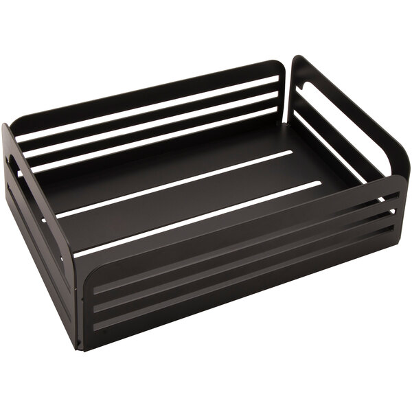A rectangular metal gray display stand with handles for square condiment jars.