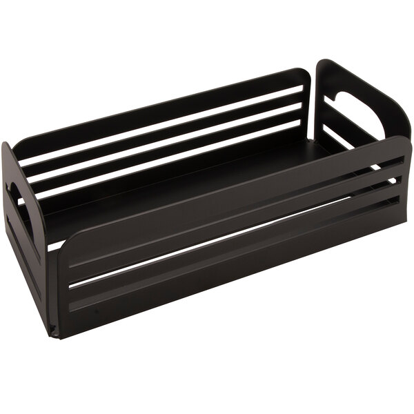 A metal rectangular stand with handles holding square condiment jars.