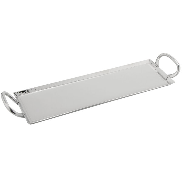A white rectangular GET Hammersmyth stainless steel serving tray with two handles.
