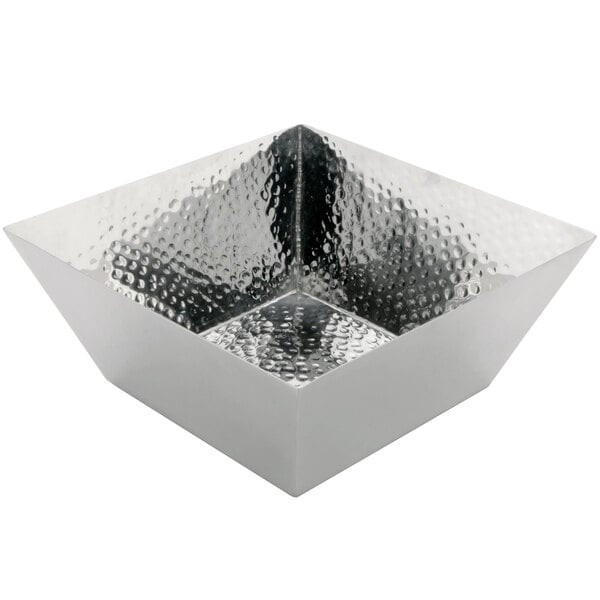 A silver square bowl with a textured surface.