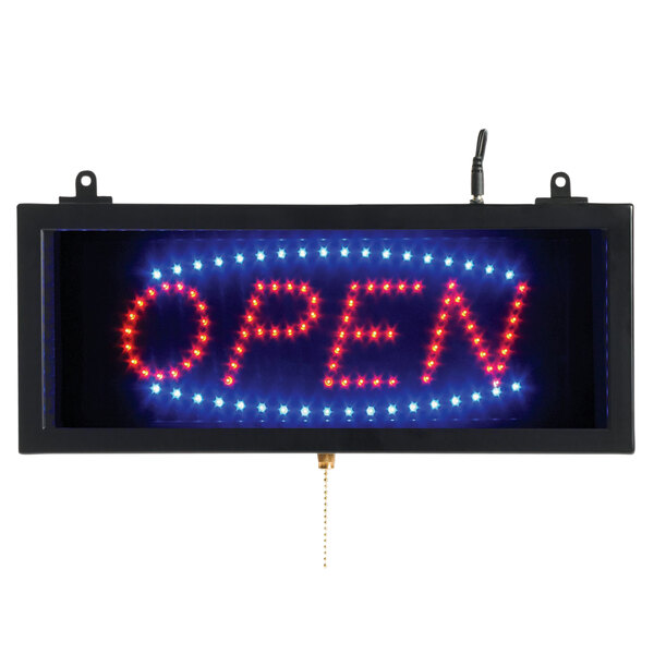 A blue and red Aarco LED sign that says "Open" with lights on it.