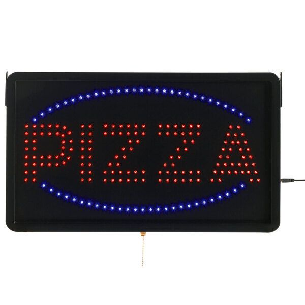 A white Aarco LED sign with the word "Pizza" in red and a number of red dots.