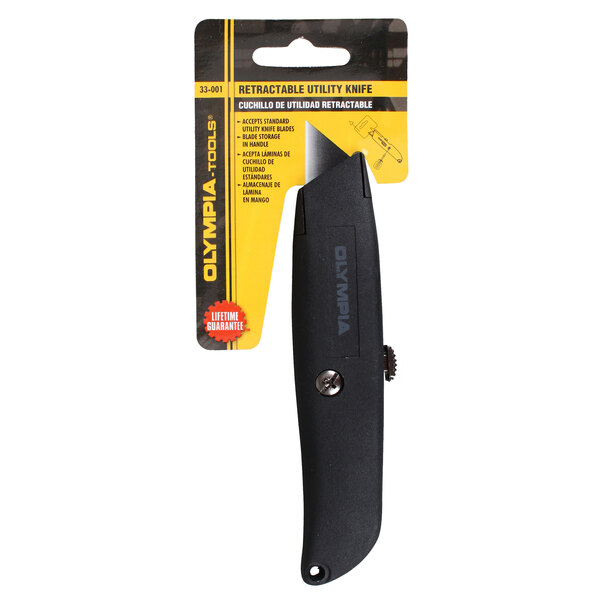A black and yellow package with a black Olympia Tools Retractable Utility Knife.