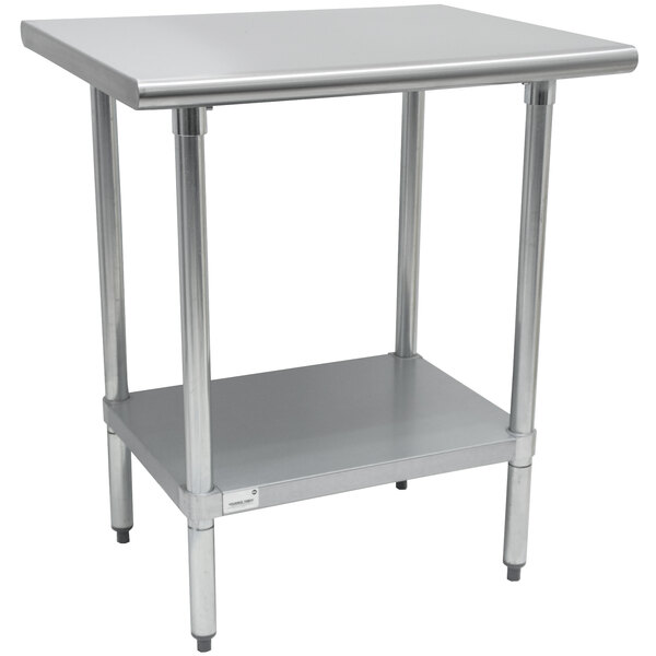 An Advance Tabco stainless steel work table with a galvanized shelf underneath.