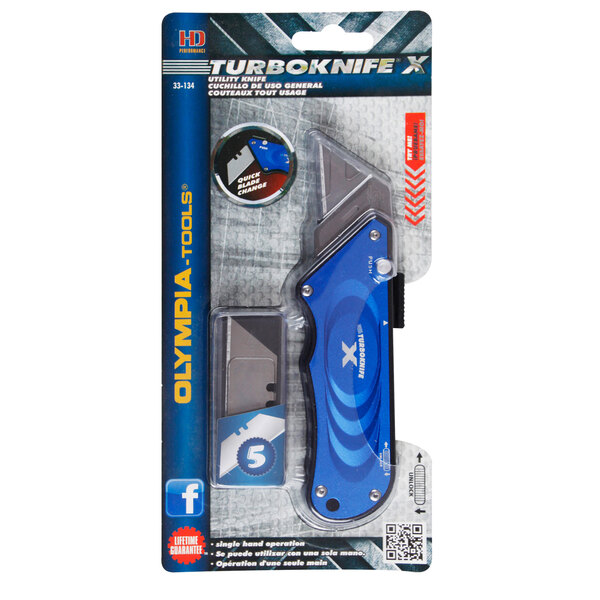 A blue and silver Olympia Tools Turboknife X utility knife in a package.