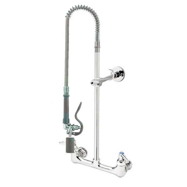 A T&S chrome pre-rinse faucet with hose and hand sprayer.