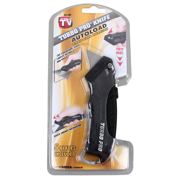 A package for an Olympia Tools Turbopro Autoload Utility Knife with a black handle and black blade storage.