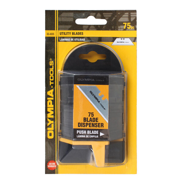 A plastic package of 75 Olympia Tools heavy-duty utility knife blades.