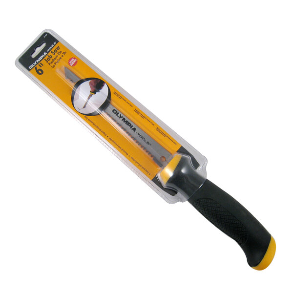 A yellow and black Olympia Tools jab saw with a black handle in a package.