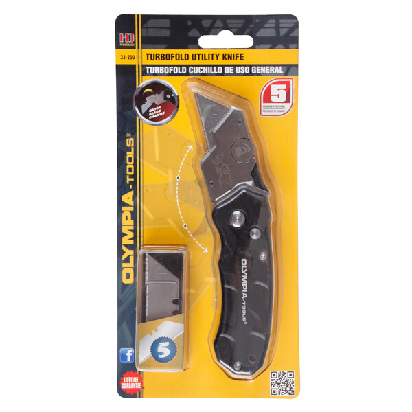 A package of a black and silver Olympia Tools Turbofold utility knife with 5 blades.