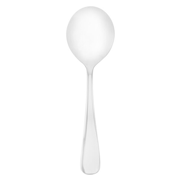 A close-up of a Walco stainless steel bouillon spoon with a white handle.