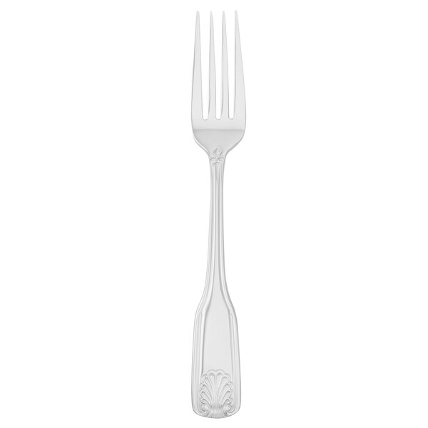 A silver Walco FanFare dinner fork with a design on the handle.