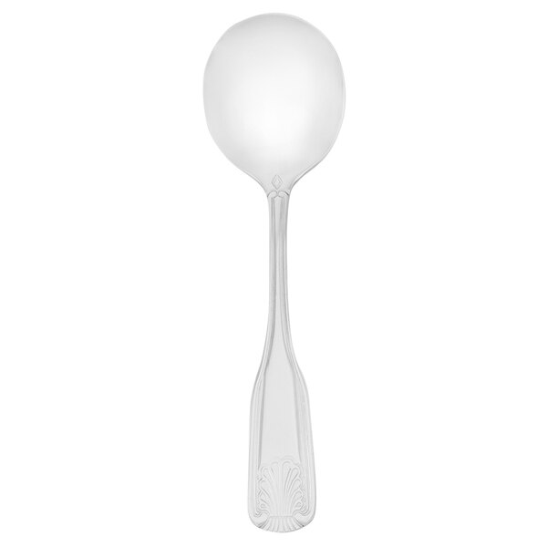 A Walco stainless steel bouillon spoon with a black handle.