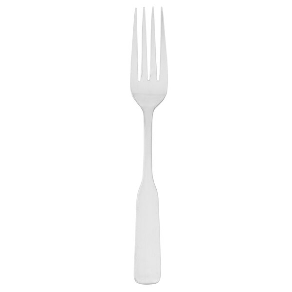A close-up of a Walco stainless steel dinner fork with a white handle.