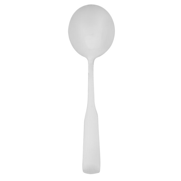 A close-up of a Walco stainless steel bouillon spoon with a white handle.