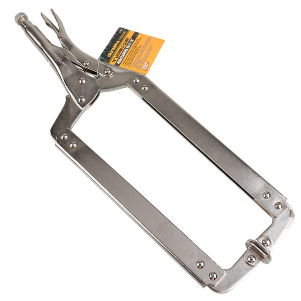 An Olympia Tools Nickle / Chrome-Plated Steel Locking C-Clamp with a yellow tag.