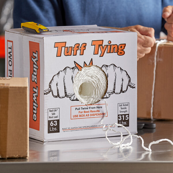 A white box with a roll of 2-ply polypropylene industrial twine.